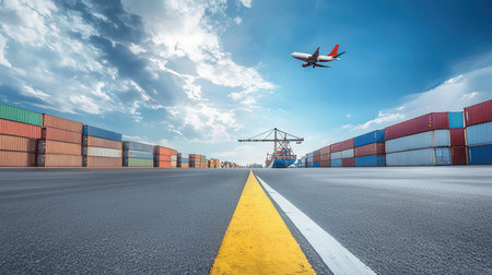 Containers yard and airplane in import export and business logistic conceptの素材