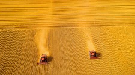 Combine harvester working on the large wheat field. Aerial view.の素材