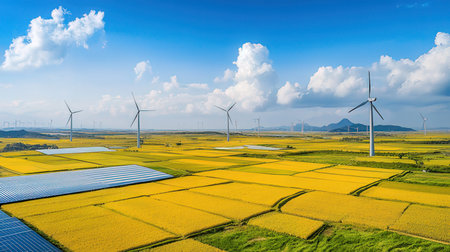 Aerial view of wind turbines and rice field with blue sky.の素材