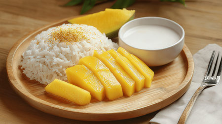 Mango with sticky rice and sour cream on wooden plate, closeupの素材