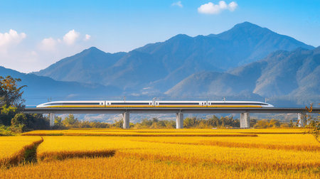 High speed train passing through yellow rice field with blue sky background.の素材