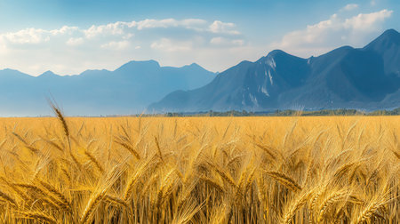 Wheat field with mountains in the background, panoramic viewの素材