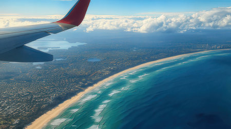 Aerial view of airplane wing and tropical beach from window seat.の素材