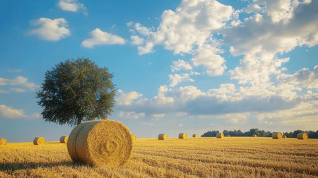Harvested field with hay bales and single tree in the middleの素材