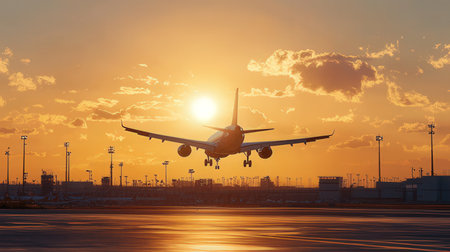 Airplane landing in the airport at sunset time. 3d renderingの素材