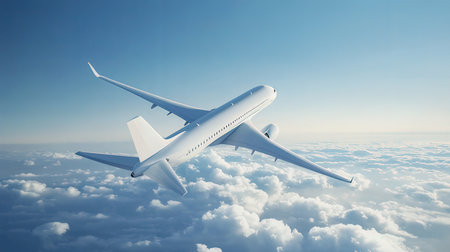 Airplane flying in the blue sky. 3d rendering illustration.の素材