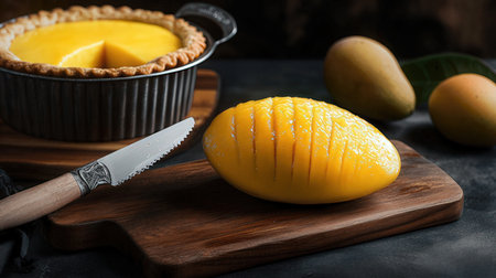 Mango tartlet on rustic wooden background, selective focus.の素材