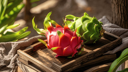 Dragon fruit on wooden tray. Tropical fruit concept. Dragon fruit on wooden tray.の素材