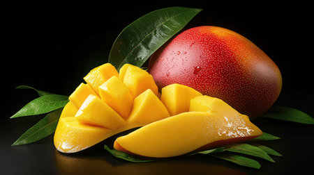 Mango fruit with green leaves on black background. Tropical fruit.の素材