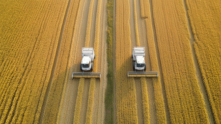 Aerial view of combine harvester working on the large wheat fieldの素材
