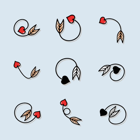 Set of doodle hearts and arrow icons. Vector illustration.のイラスト素材
