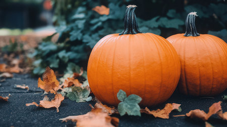 Two orange pumpkins on autumn leaves background. Halloween and Thanksgiving concept.の素材