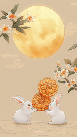 Happy Mid Autumn Festival. Greeting card template with rabbit and moon.の素材