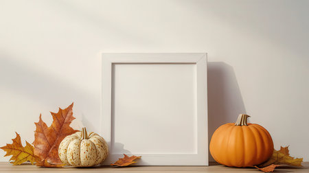 White frame mockup with autumn leaves and pumpkins. 3d renderingの素材