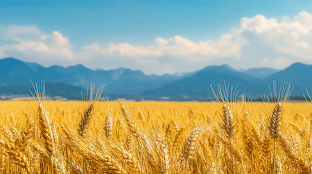 Golden wheat field with blue sky and mountains in the background. Agriculture conceptの素材