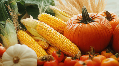 pumpkin and corn on the cob on a background of vegetablesの素材