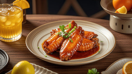 baked chicken wings with sweet and sour sauce on a wooden tableの素材