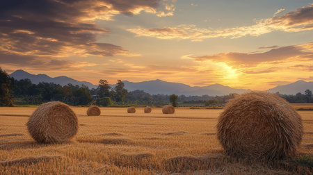 Agricultural field with straw bales and sunset sky background.の素材