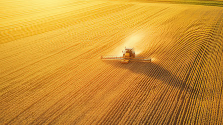 Combine harvester working on the large wheat field at sunset.の素材