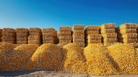 Pile of corn in the field, ready to be harvested.の素材