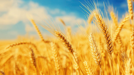 Wheat field. Ears of golden wheat close-up. Rich harvest Concept.の素材