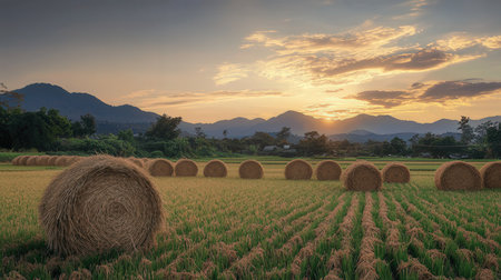 Rice field with straw bales at sunset, Mae Hong Son, Thailandの素材