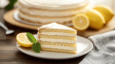 Delicious lemon cake on wooden table, closeup. Delicious dessertの素材