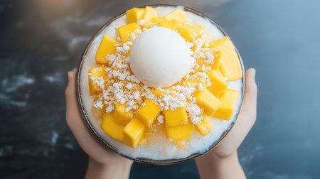 Mango and coconut ice cream in coconut milk bowl, top viewの素材