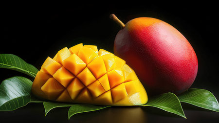 Mango fruit and mango slices on a black background. Tropical fruitの素材