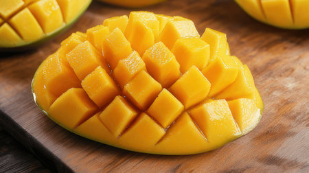 Delicious mango cubes on wooden board, closeup. Tropical fruitの素材