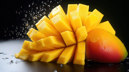 Mango fruit with water splash on black background. Tropical fruit.の素材