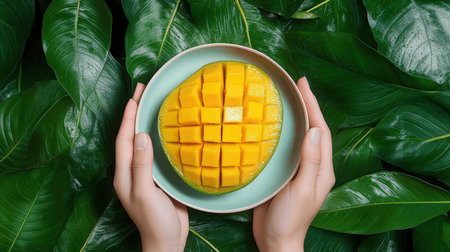Top view of female hands holding plate with mango fruit on green leaves backgroundの素材