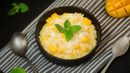 Rice pudding with mango and coconut in a black bowl on a black backgroundの素材