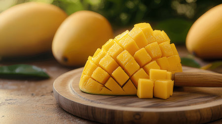 chopped mango on wooden plate with mango fruits in the background.の素材