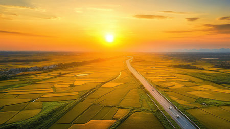 Aerial view of the road and rice fields in the countryside at sunset.の素材