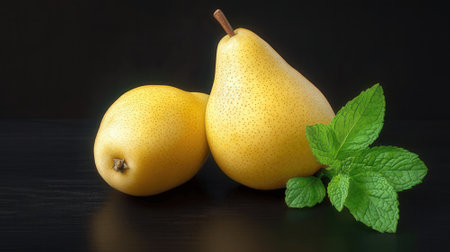 Ripe yellow pears and mint leaves on a black background.の素材