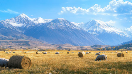 Autumn alpine landscape with hay bales and snow capped mountains in background, New Zealandの素材