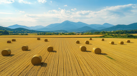 Round bales of hay in the field. Agricultural landscape in summer.の素材