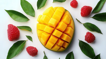Mango fruit with fresh raspberries and green leaves on white backgroundの素材