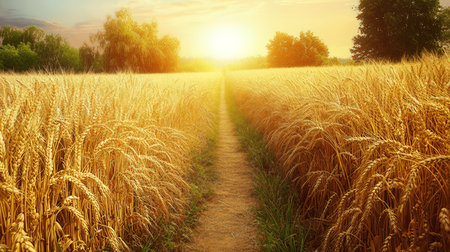 Wheat field at sunset. Beautiful Nature Sunset Landscape. Rural Scenery.の素材