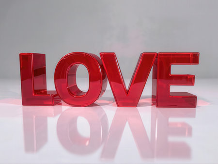 Red love word on a white background with reflection and copyspaceの素材