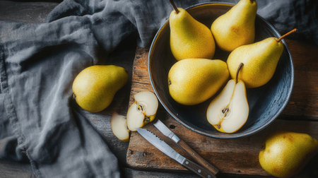 Fresh pears in a bowl on a rustic wooden table.の素材