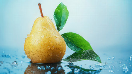 Ripe pear with water drops on a blue background. Copy space.の素材