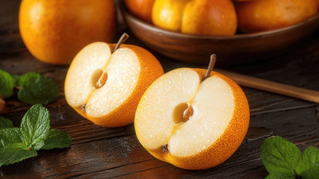 Ripe pears with leaves on wooden table, closeup viewの素材
