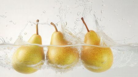 Three yellow pears with water splash on white background. Copy spaceの素材
