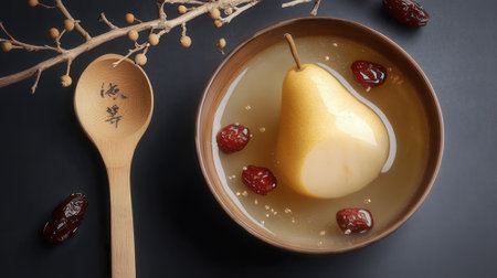 bowl of pear pudding with spoon and dried fruits on a black backgroundの素材