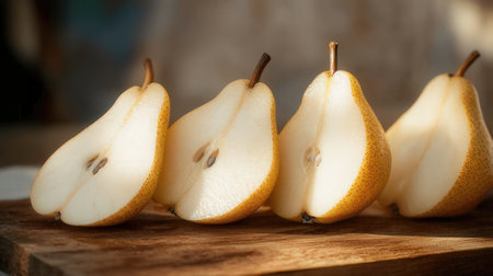 Ripe pears on a wooden board. Selective focus.の素材