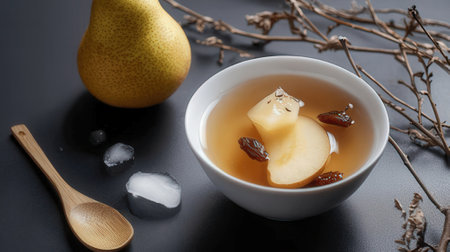 Chinese tea with pear and dried twigs on a black background.の素材