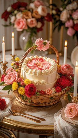 Wedding cake in a basket on the table with candles and flowersの素材