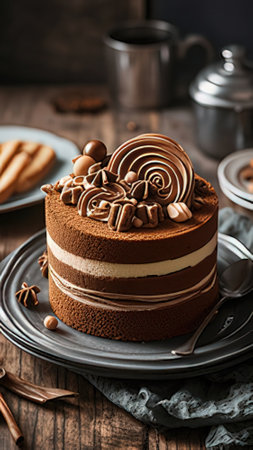 Chocolate cake with whipped cream and chocolate chips on a wooden backgroundの素材